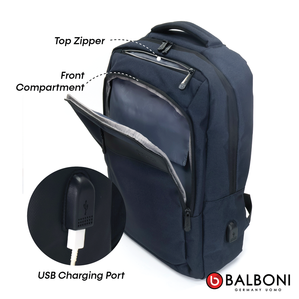 Balboni 13S4DL2011 Travel Laptop Backpack – Water-Resistant, USB Charging Port, Large-Capacity (Ash Grey/Steel Blue)