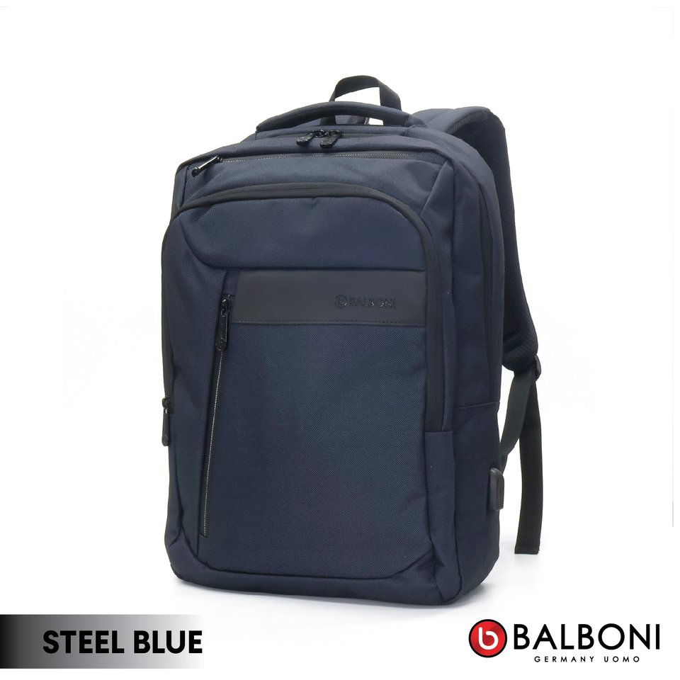 Balboni 13S4DL2011 Travel Laptop Backpack – Water-Resistant, USB Charging Port, Large-Capacity (Ash Grey/Steel Blue)