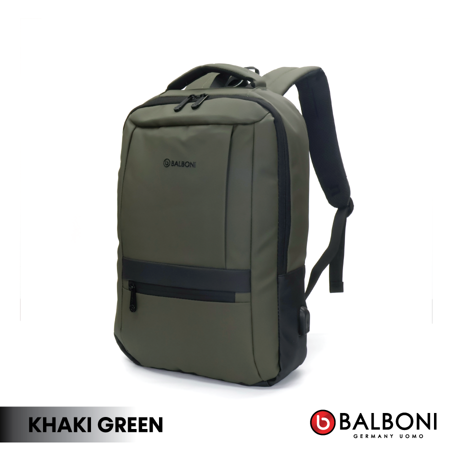 Balboni 13S4DLCA02 Business Travel Laptop Backpack – Water-Resistant, USB Charging, 16" Laptop Compartment (Ash Grey/Matte Black/Khaki Green)