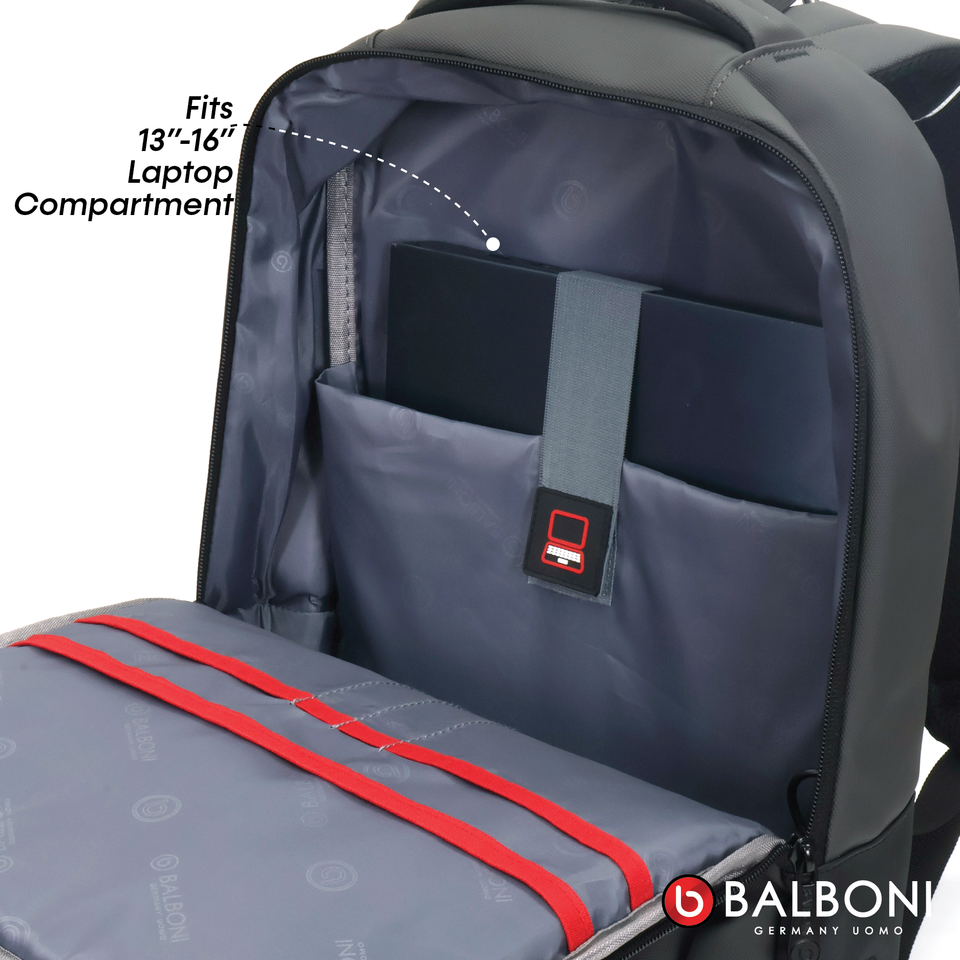 Balboni 13S4DLCA02 Business Travel Laptop Backpack – Water-Resistant, USB Charging, 16" Laptop Compartment (Ash Grey/Matte Black/Khaki Green)