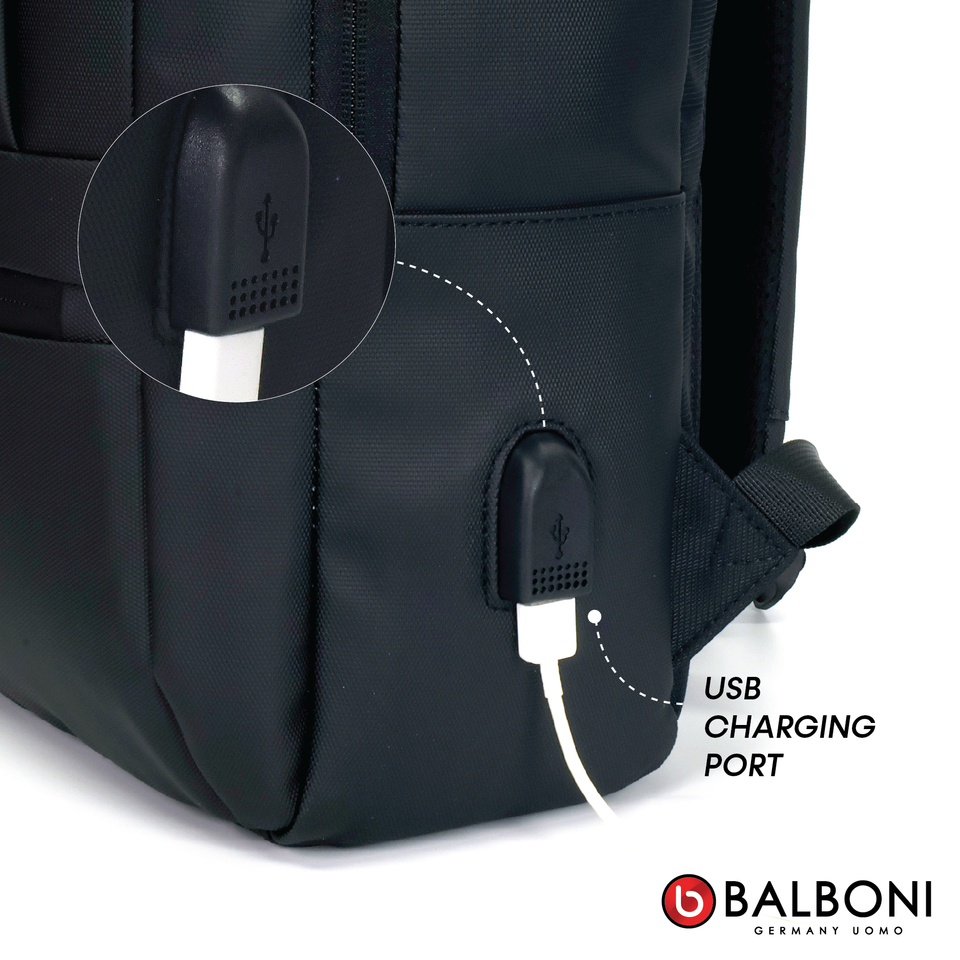 Balboni 13S4DLCA02 Business Travel Laptop Backpack – Water-Resistant, USB Charging, 16" Laptop Compartment (Ash Grey/Matte Black/Khaki Green)