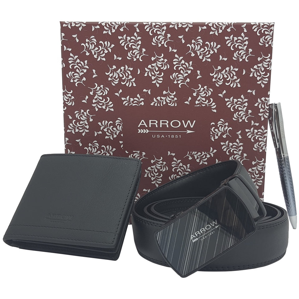 Arrow Men Gift Set Genuine Leather Wallet and Auto Buckle Belt plus FREE Arrow Leather Sling Bag