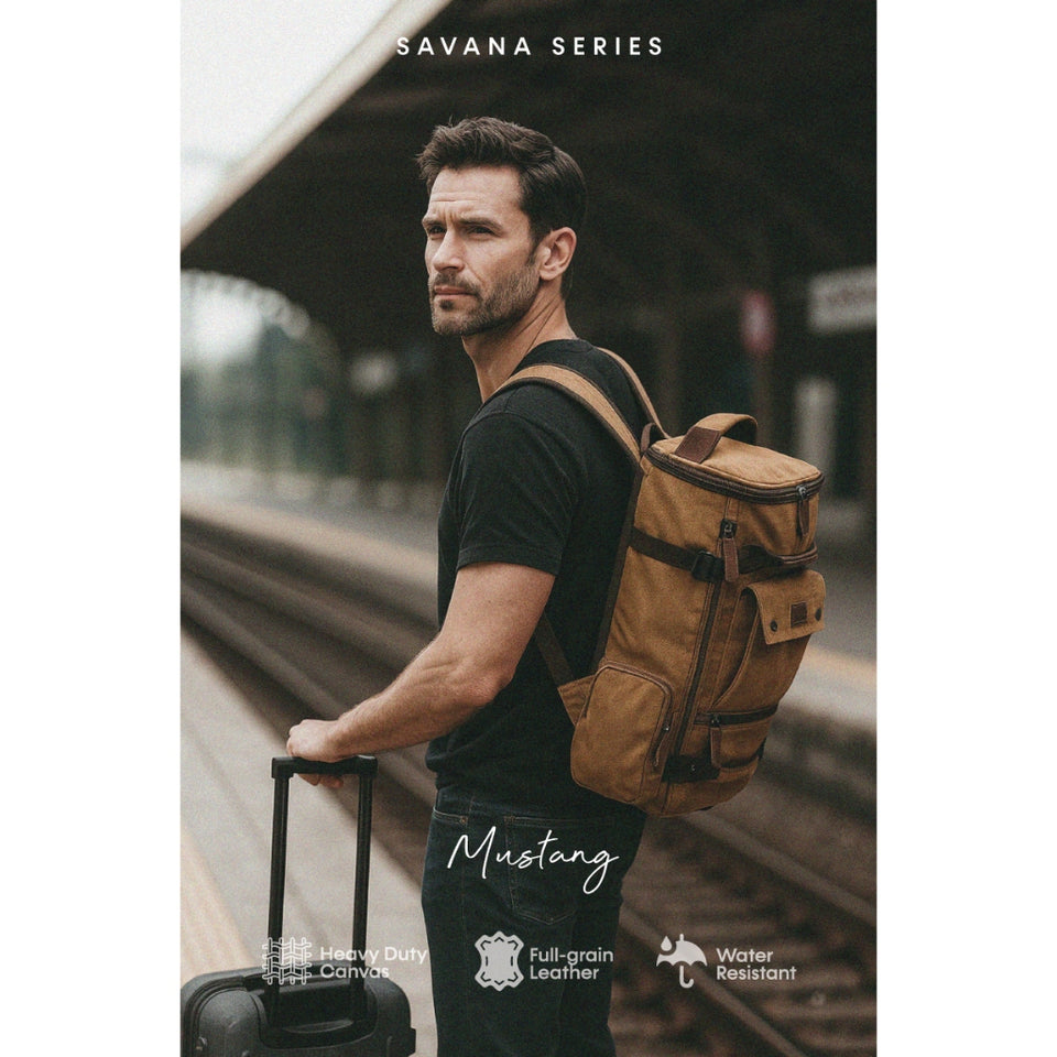 MAURO Mustang Vintage Canvas Leather Backpack 26L Travel Bag Baju Beg Retro Canvas Beg Backpack Kerja Beg Travelling