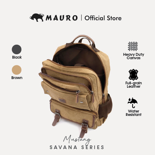 MAURO Mustang Vintage Canvas Leather Backpack 26L Travel Bag Baju Beg Retro Canvas Beg Backpack Kerja Beg Travelling