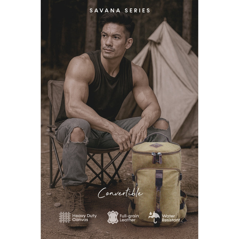 MAURO Convertible Vintage Canvas Leather Backpack 34L Travel Bag Baju Beg Retro Canvas Beg Backpack Kerja Beg Travelling