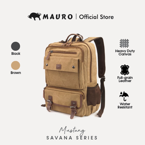 MAURO Mustang Vintage Canvas Leather Backpack 26L Travel Bag Baju Beg Retro Canvas Beg Backpack Kerja Beg Travelling