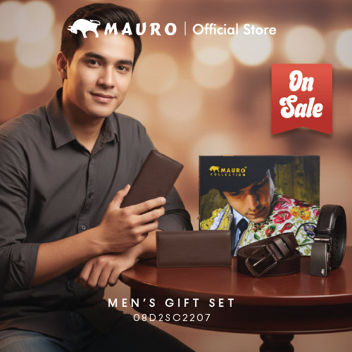 MAURO Giftset 3 in 1 Leather Wallet & Belt Gift Set for Men Hadiah Dompet & Tali Pinggang Kulit Set Kombo Hadiah Lelaki