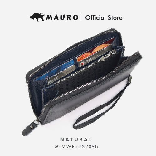 Mauro Men’s Long Wallet Zipper Closure Wrist Strap 12 Card Slots, Large Capacity Dompet Kulit Lelaki Asli G-MWF5JX239B