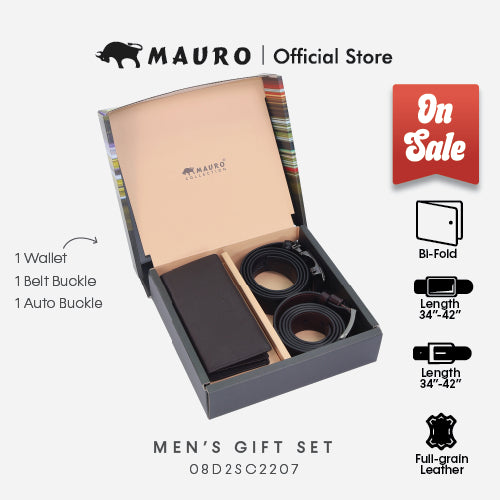 MAURO Giftset 3 in 1 Leather Wallet & Belt Gift Set for Men Hadiah Dompet & Tali Pinggang Kulit Set Kombo Hadiah Lelaki