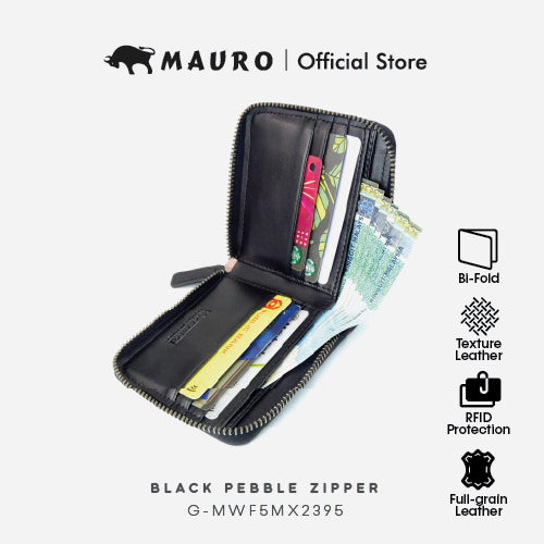 Mauro Genuine Leather Bi Fold Compact Zipper Wallet with RFID Block Protection