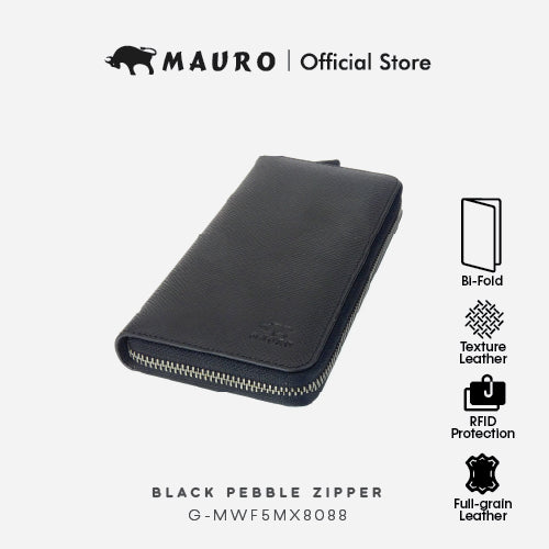 Mauro Genuine Leather Bi Fold Compact Zipper Long Wallet with RFID Block Protection