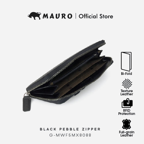 Mauro Genuine Leather Bi Fold Compact Zipper Long Wallet with RFID Block Protection