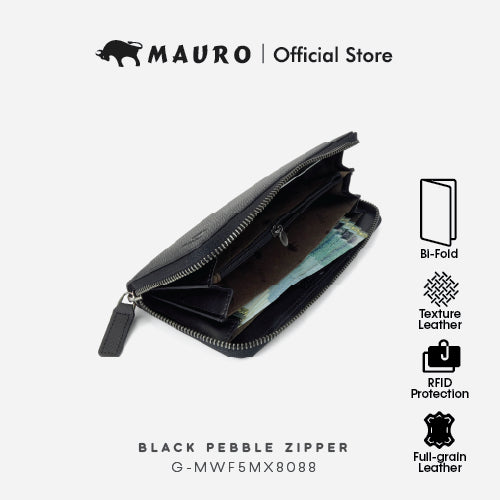 Mauro Genuine Leather Bi Fold Compact Zipper Long Wallet with RFID Block Protection