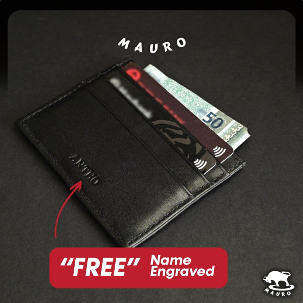 MAURO Card Holder Exclusive Genuine Original Soft Leather & Free Name Engraving (Black 6 Slot)
