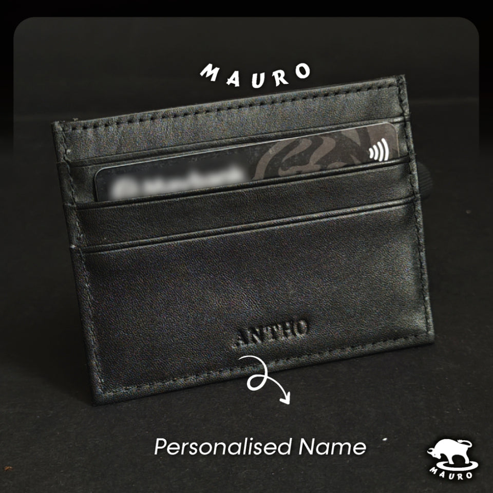 MAURO Card Holder Exclusive Genuine Original Soft Leather & Free Name Engraving (Black 6 Slot)