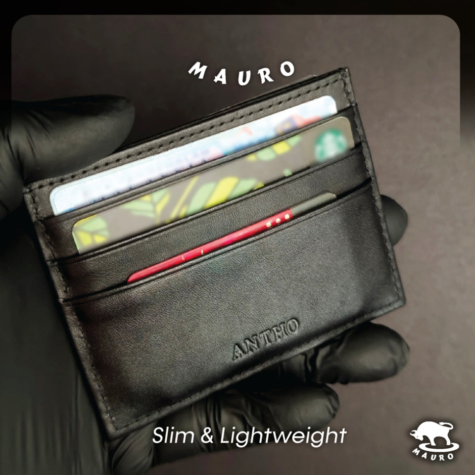 MAURO Card Holder Exclusive Genuine Original Soft Leather & Free Name Engraving (Black 6 Slot)