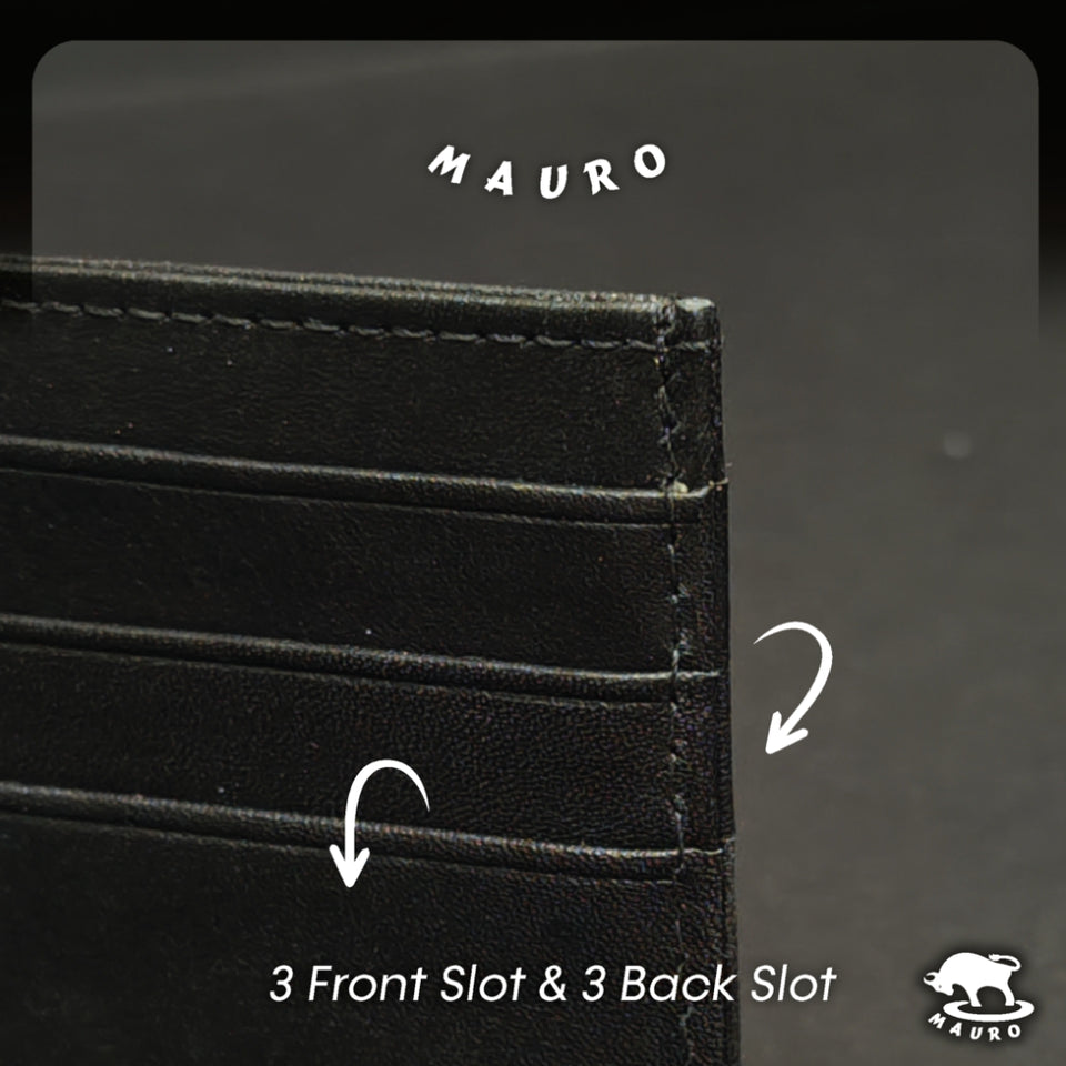 MAURO Card Holder Exclusive Genuine Original Soft Leather & Free Name Engraving (Black 6 Slot)