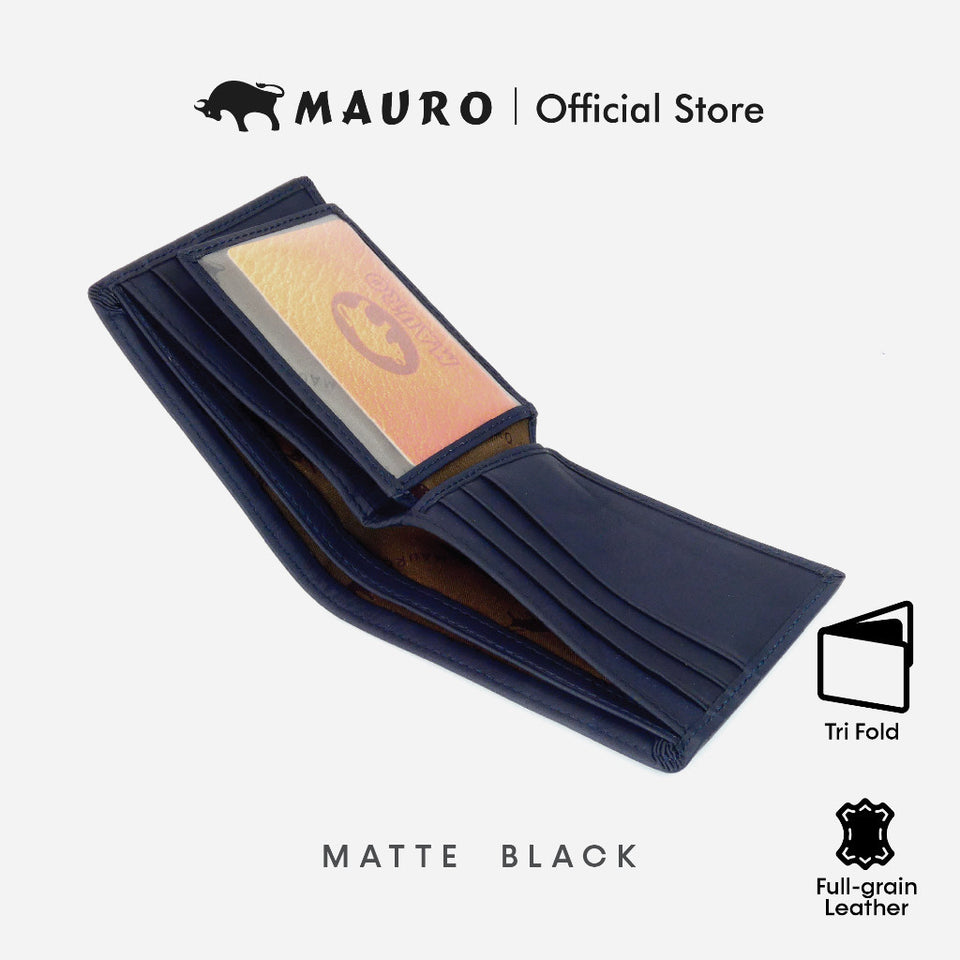 MAURO RFID Tri Fold Wallet Genuine Leather RFID Blocking Tri Fold Man Wallet Dompet Lelaki 3 Lapis Kulit Lembu