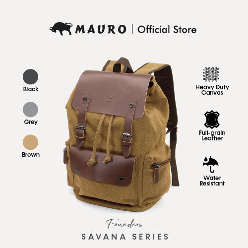 MAURO Vintage Canvas Leather Backpack 28L Travel Laptop Bag Galas Retro Kulit Canvas Beg Kerja Stylish Computer