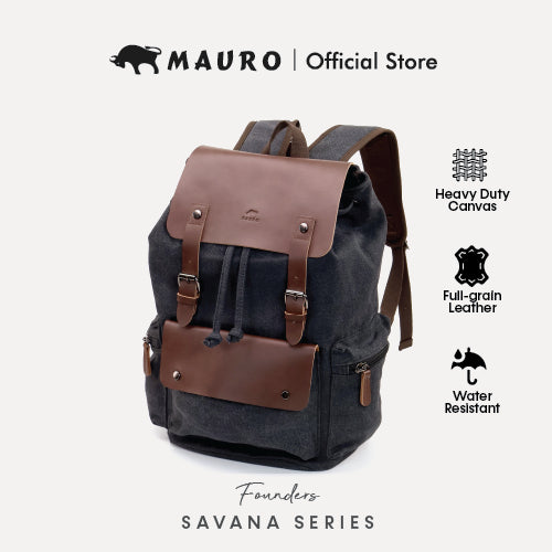 MAURO Vintage Canvas Leather Backpack 28L Travel Laptop Bag Galas Retro Kulit Canvas Beg Kerja Stylish Computer