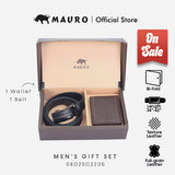 MAURO Men's Leather Gift Set Wallet & Belt Dompet & Tali Pinggang Kulit Asli | Hadiah Lelaki Elegan & Premium
