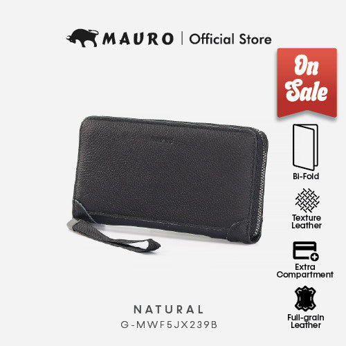 MAURO Men’s Long Wallet Zipper Closure Wrist Strap 12 Card Slots, Large Capacity Dompet Kulit Lelaki Asli G-MWF5JX239B