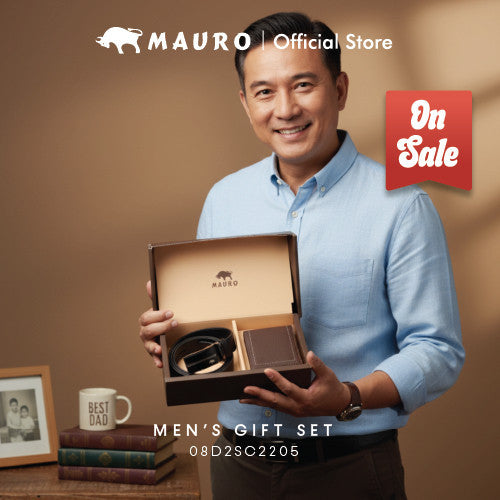 MAURO Men's Leather Gift Set Wallet & Belt Dompet & Tali Pinggang Kulit Asli | Hadiah Lelaki Elegan & Premium