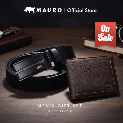 MAURO Men's Leather Gift Set Wallet & Belt Dompet & Tali Pinggang Kulit Asli | Hadiah Lelaki Elegan & Premium