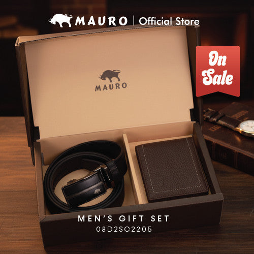 MAURO Men's Leather Gift Set Wallet & Belt Dompet & Tali Pinggang Kulit Asli | Hadiah Lelaki Elegan & Premium
