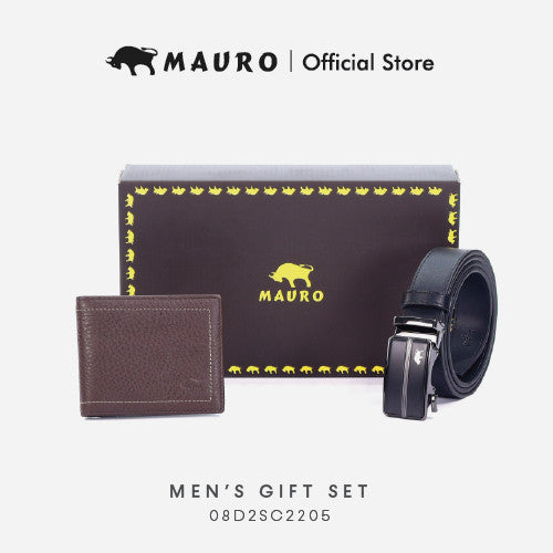 MAURO Men's Leather Gift Set Wallet & Belt Dompet & Tali Pinggang Kulit Asli | Hadiah Lelaki Elegan & Premium