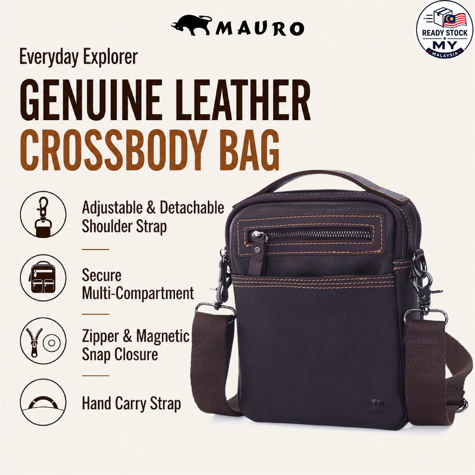 Ready Stock MY MAURO Men Everyday Explorer Premium Leather Messenger Sling Bag Beg Silang Lelaki
