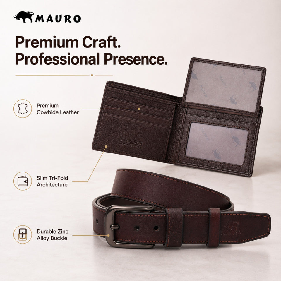 [Ready Stock MY] Perfect Anniversary Gift MAURO Premium Genuine Leather Belt & Wallet Gift Set