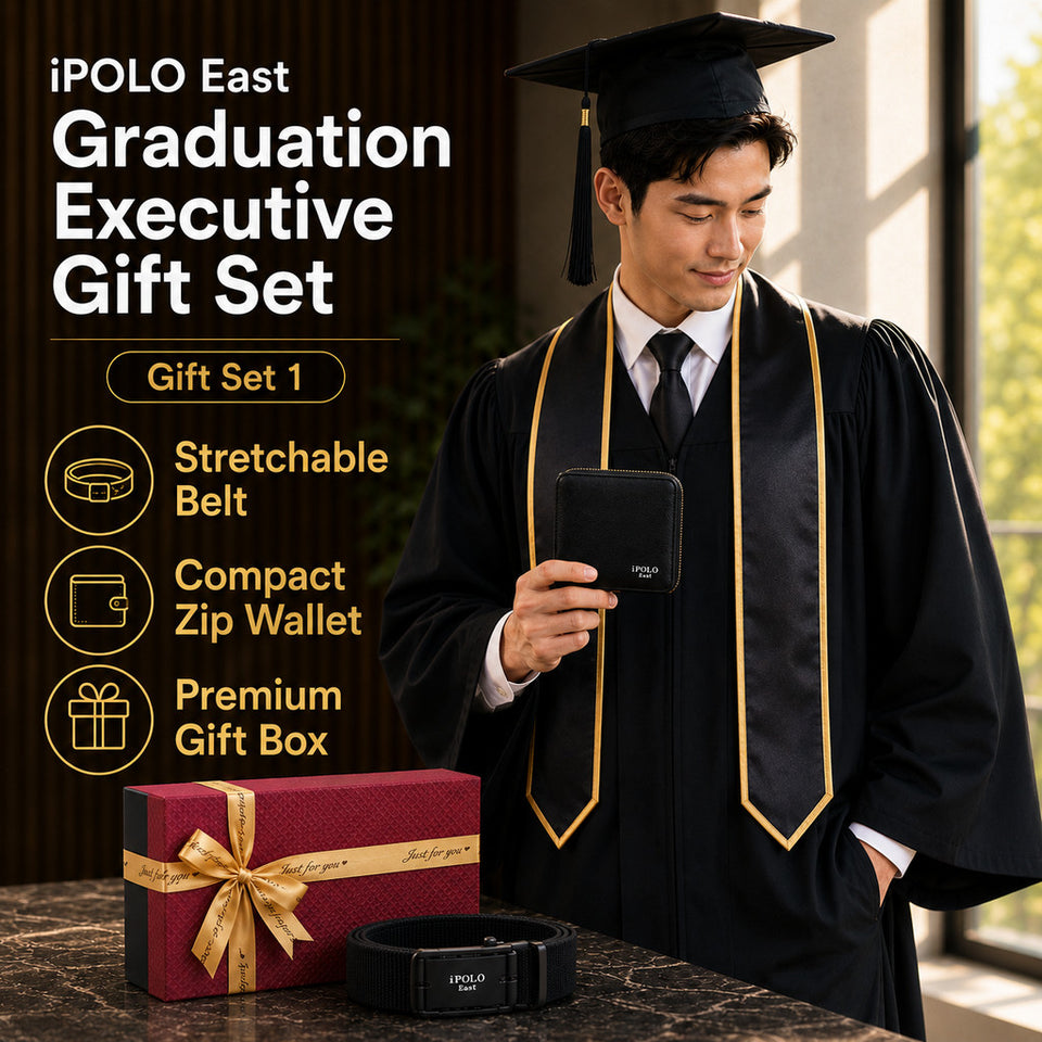iPOLO East Graduation Gift Set Premium Vegan Leather Wallet Stretchable Nylon Belt Gift Box Hadiah Konvokesyen