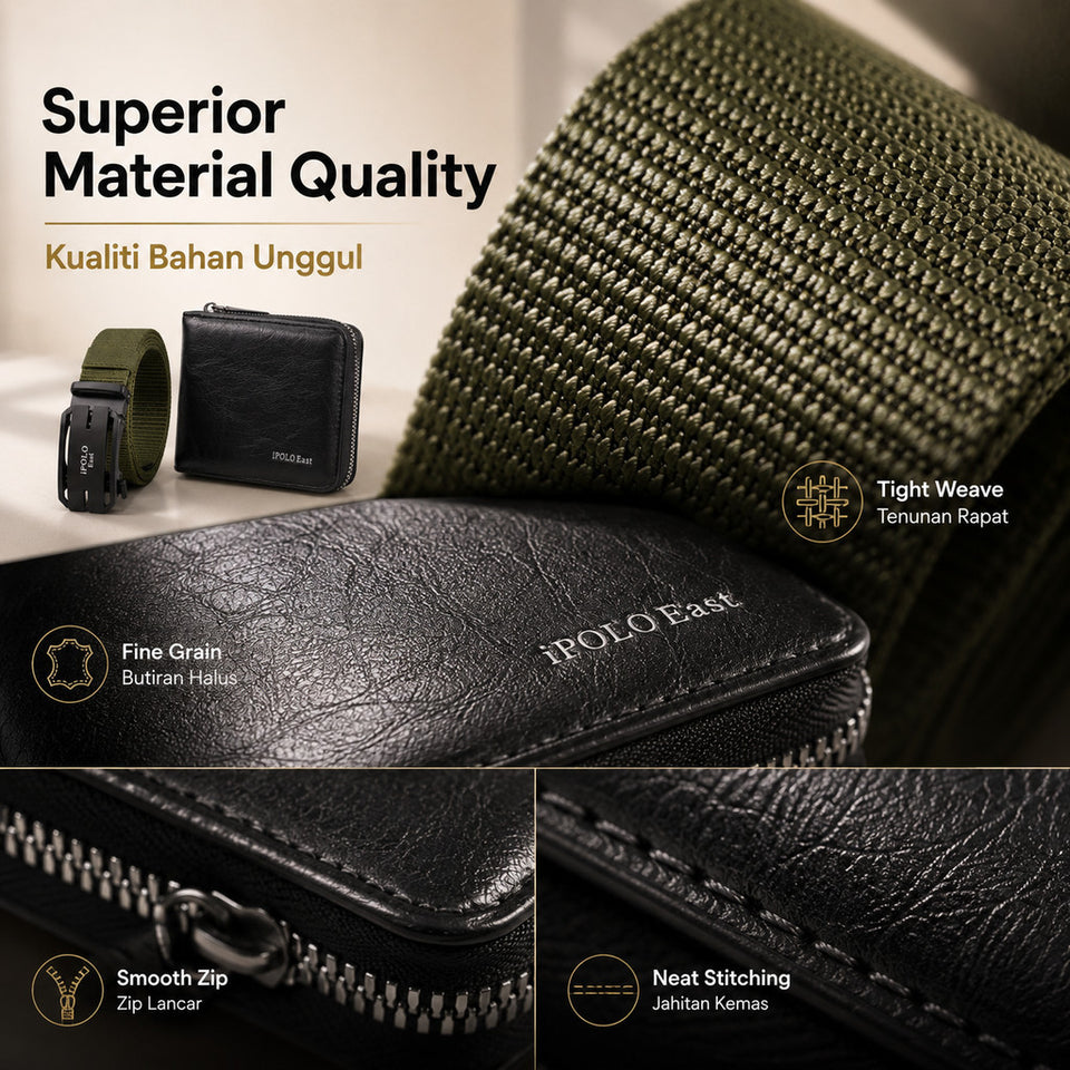 iPOLO East Graduation Gift Set Premium Vegan Leather Wallet Stretchable Nylon Belt Gift Box Hadiah Konvokesyen