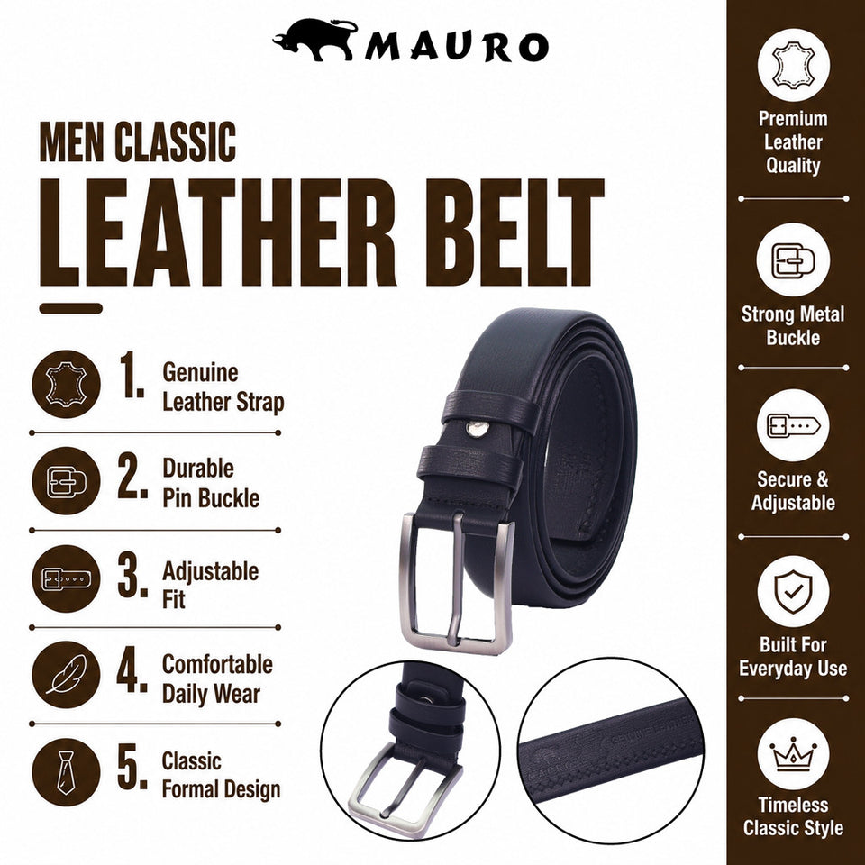 MAURO Men High Quality Leather Belt Men Pin Buckle Style Tali Pinggang Lelaki Berkualiti Formal Business Belt