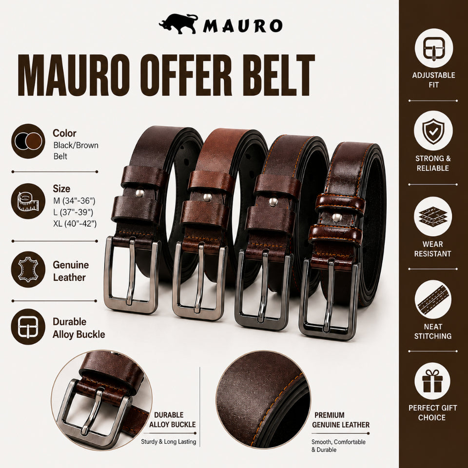 MAURO Leather Belt Mens Leather Belt Lelaki Genuine Leather Belt Pin Buckle Belt Tali Pinggang Lelaki Kulit Original  男