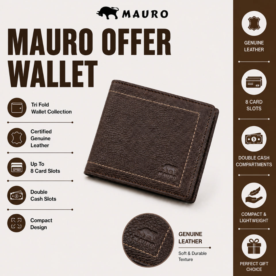 MAURO Genuine Dompet Lelaki Kulit Original Mauro Tri Fold Men Wallet Premium Wallet for Men Slim & Durable Dompet Lelaki
