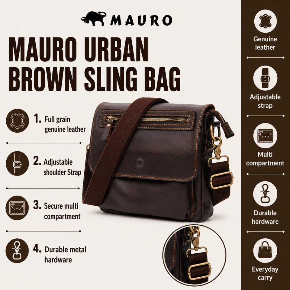 MAURO URBAN BROWN Full Grain Leather Men Messenger Sling Bag Beg Silang Lelaki Kulit