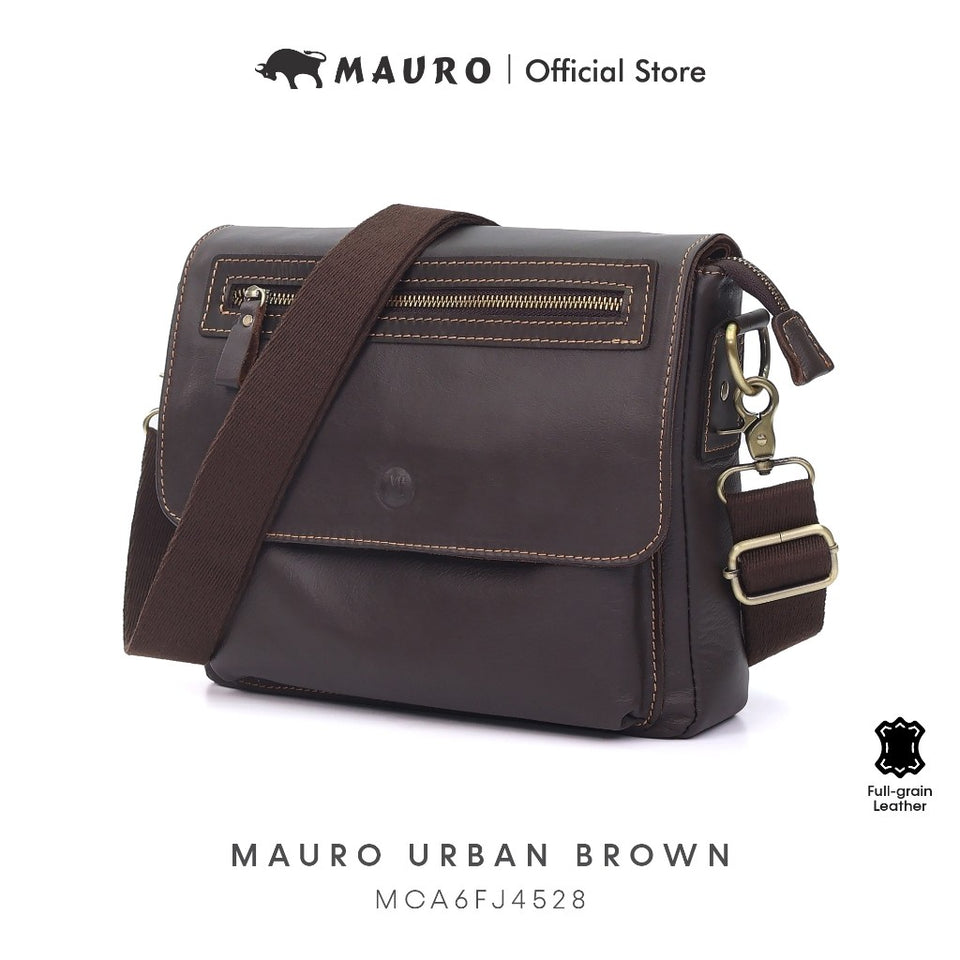 MAURO URBAN BROWN Full Grain Leather Men Messenger Sling Bag Beg Silang Lelaki Kulit