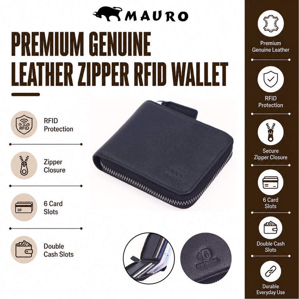 MAURO Premium Leather Men Zipper Wallet Dompet Berzip Lelaki Anti-Theft Coin Purse RFID Protection