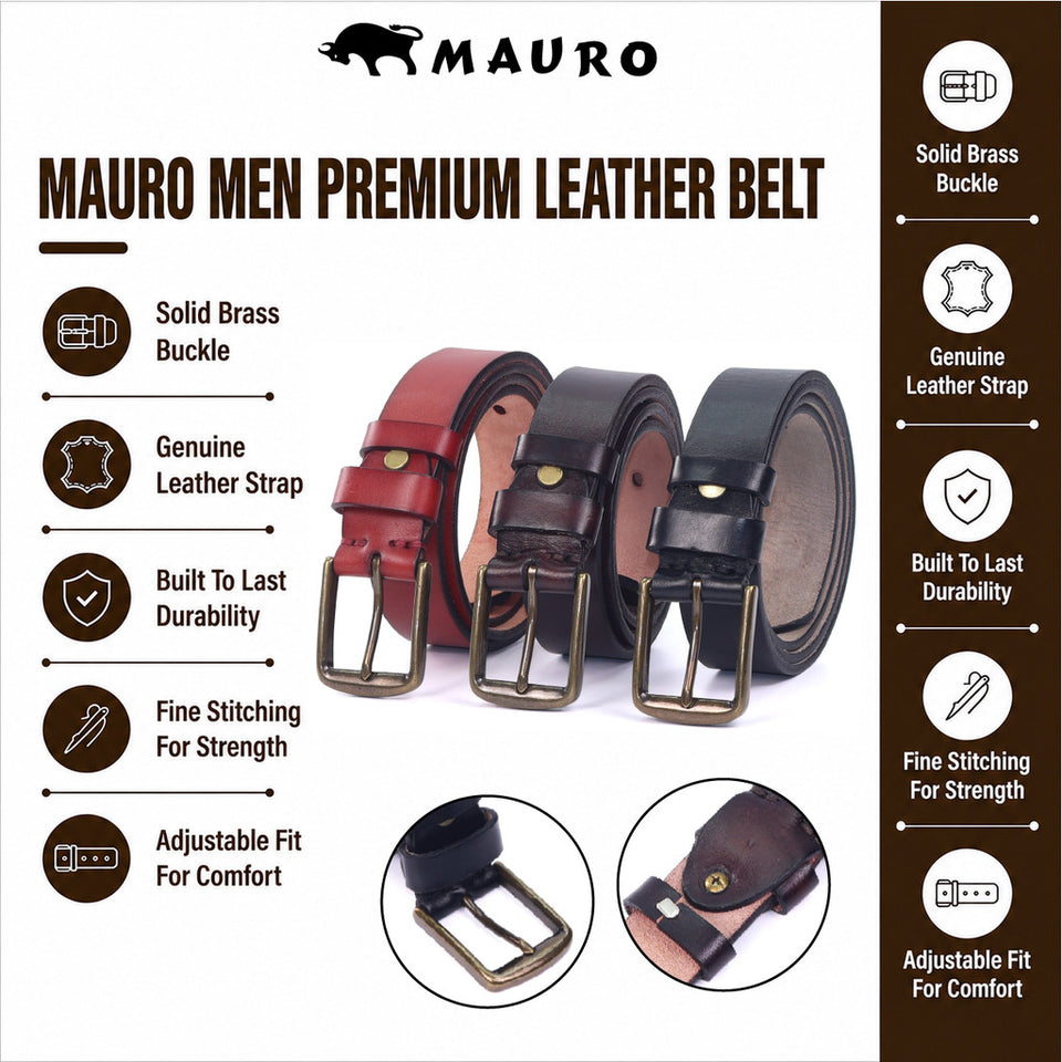 MAURO Premium Leather Belt Men Pin Solid Brass Buckle Tali Pinggang Lelaki Classic Rugged Style For Jeans & Slacks
