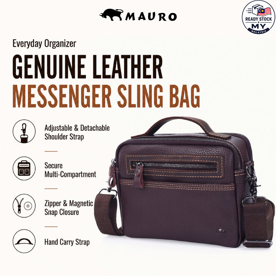 Ready Stock MY MAURO Men Everyday Organizer Premium Leather Messenger Sling Bag Beg Silang Lelaki