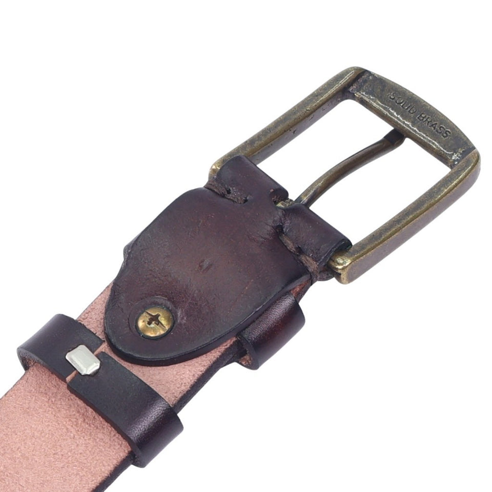 MAURO Premium Leather Belt Men Pin Solid Brass Buckle Tali Pinggang Lelaki Classic Rugged Style For Jeans & Slacks