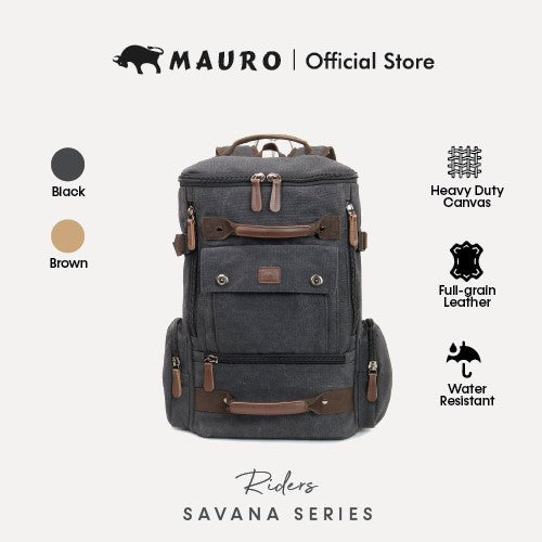 MAURO Riders Vintage Canvas Leather Backpack 31L Travel Bag Baju Beg Retro Canvas Backpack Kerja Beg Travelling
