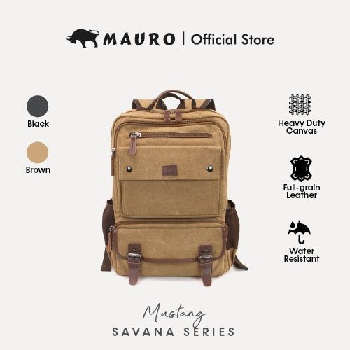 MAURO Mustang Vintage Canvas Leather Backpack 26L Travel Bag Baju Beg Retro Canvas Backpack Kerja Beg Travelling