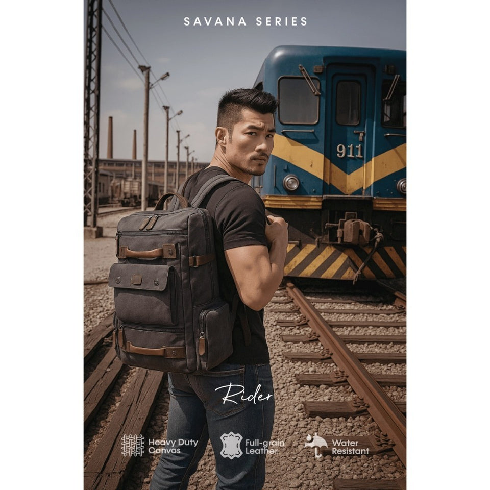 MAURO Riders Vintage Canvas Leather Backpack 31L Travel Bag Baju Beg Retro Canvas Backpack Kerja Beg Travelling