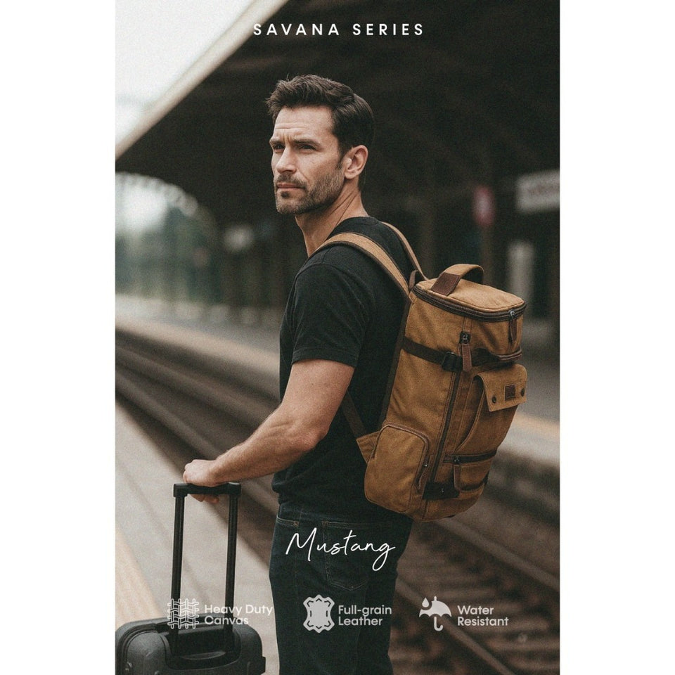 MAURO Mustang Vintage Canvas Leather Backpack 26L Travel Bag Baju Beg Retro Canvas Backpack Kerja Beg Travelling