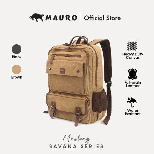 MAURO Mustang Vintage Canvas Leather Backpack 26L Travel Bag Baju Beg Retro Canvas Backpack Kerja Beg Travelling