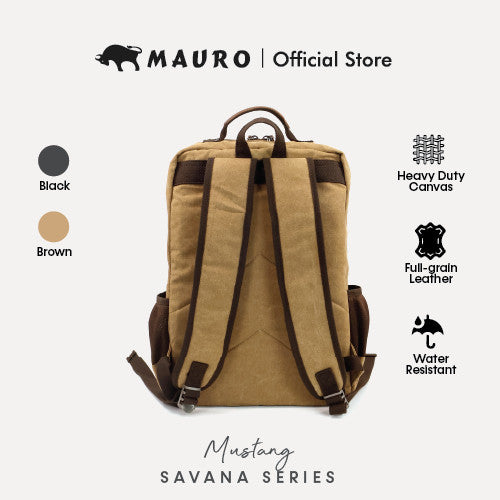 MAURO Mustang Vintage Canvas Leather Backpack 26L Travel Bag Baju Beg Retro Canvas Backpack Kerja Beg Travelling