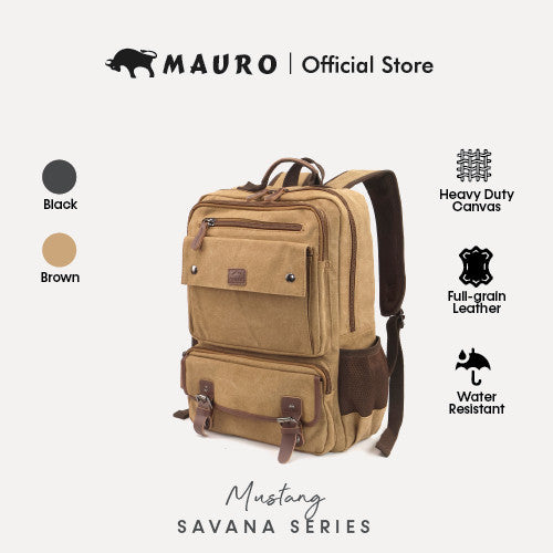 MAURO Mustang Vintage Canvas Leather Backpack 26L Travel Bag Baju Beg Retro Canvas Backpack Kerja Beg Travelling